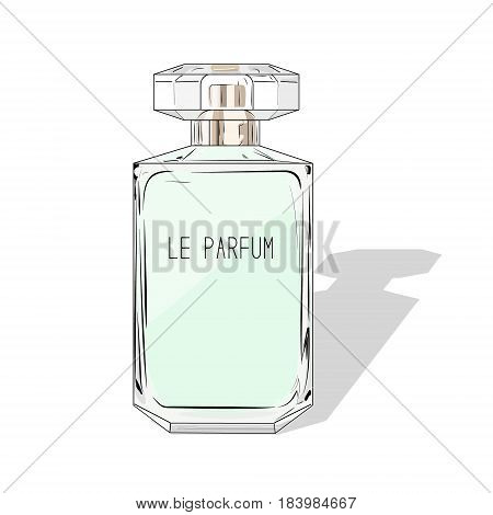Woman perfume bottle. Vector fashion cosmetics illustration. Watercolor mint print. Beauty hand drawn fragnance decoration