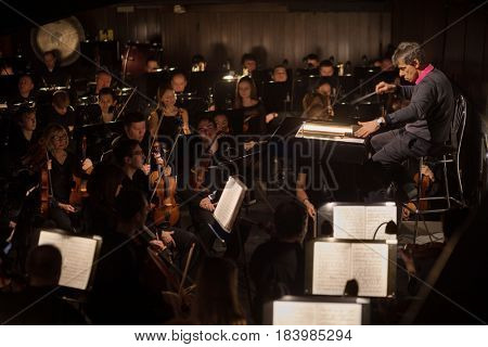MOSCOW - JAN 25, 2017: Musicians in orchestra pit at Passenger performance in Moscow Theater New Opera