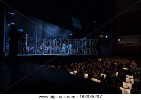 MOSCOW - JAN 25, 2017: Prisoners, turnkeys on stage and orchestra pit at Passenger performance in Moscow Theater New Opera