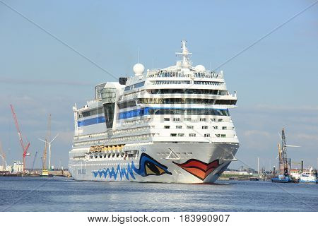 Velsen the Netherlands -April 19th 2017: Aida Sol on North Sea Canal on it's way to the Amsterdam Cruise Terminal