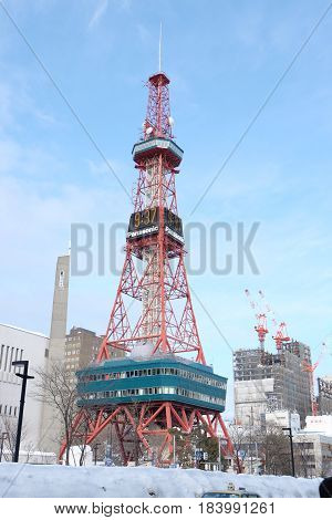 Sapporo Japan - january 20 2017 : View of the Sapporo TV Tower snow in winter in Sapporo Hokkaido Japan on january 20 2017.