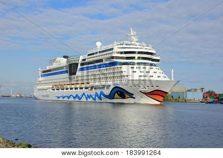 Velsen the Netherlands -April 19th 2017: Aida Sol on North Sea Canal on it's way to the Amsterdam Cruise Terminal