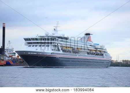 Velsen The Netherlands - April 27th 2017: Balmoral Fred Olsen Cruise Lines in North Sea Canal towards IJmuiden sealock