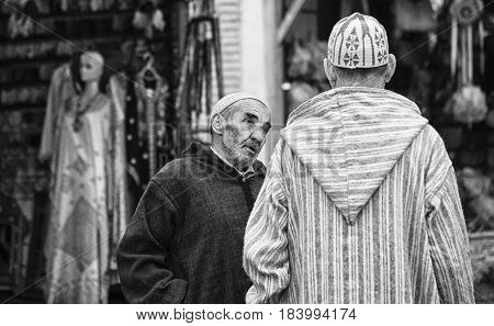 CHEFCHAOUEN, MOROCCO - FEBRUARY 19, 2017: Street life in the ancient blue Medina of Chefchaouen, Morocco