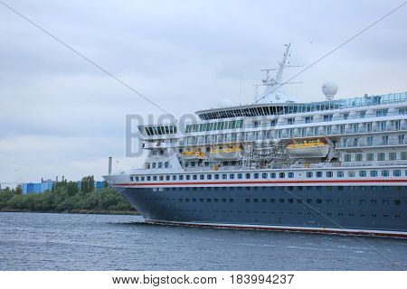 Velsen The Netherlands - April 27th 2017: Balmoral Fred Olsen Cruise Lines in North Sea Canal towards IJmuiden sealock