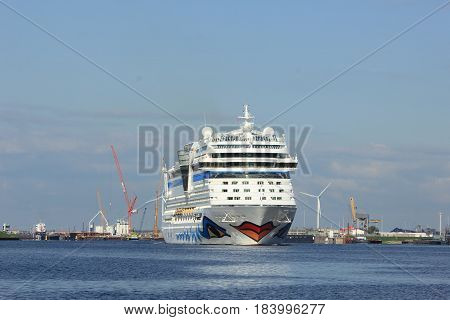 Velsen the Netherlands -April 19th 2017: Aida Sol on North Sea Canal on it's way to the Amsterdam Cruise Terminal