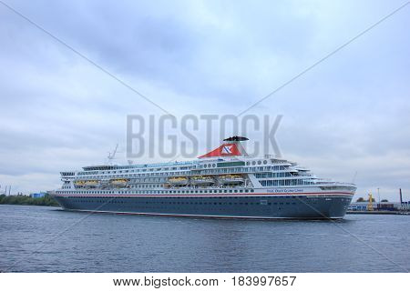 Velsen The Netherlands - April 27th 2017: Balmoral Fred Olsen Cruise Lines in North Sea Canal towards IJmuiden sealock