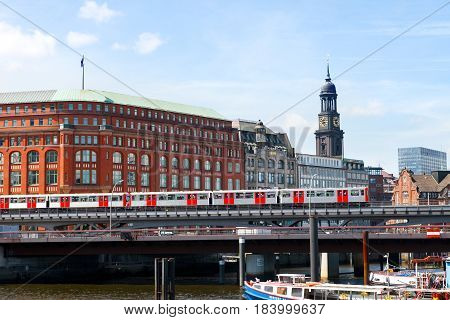 Hamburg Germany-June 26 2011:Hamburg subway train going over the bridge