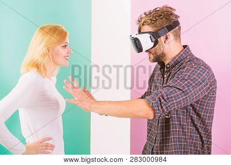 Man Vr Glasses Going Touch Breasts Virtual Girl. Cyber Relations Instead Real. Virtual Reality Pleas