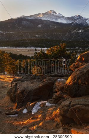 Golden Light Hitting The Landscape In Rocky Mountain National Park And Longs Peak