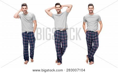 Collage Of Handsome Relaxing Young Man In Pajama Standing And Smiling Isolated On White