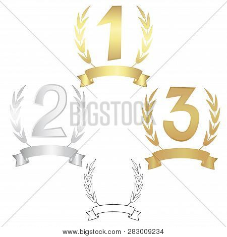Signs Of The Winners. The First, Second, Third With Wreaths And Ribbons Isolated On White Background