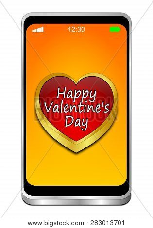 Smartphone With Happy Valentines Day On Orange Dektop - 3d Illustration