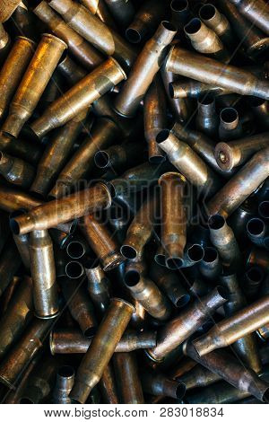 Many Empty Bullet Shells, Pile Of Used Rifle Cartridges 7.62 Mm Caliber, Assault Rifle Bullet Shell,