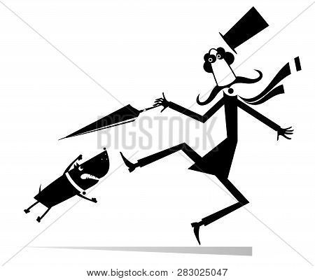 Cartoon Aggressive Dog And Frightened Man Isolated Illustration. Mustache Man In The Top Hat Tries T