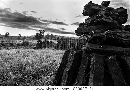 Turf In A Bog In Ireland Piled On The Ground