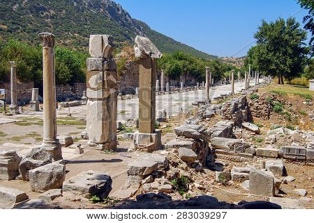 Editorial Ephesus, Turkey, - August 24, 2012: Arcadian Way, The Approach Road To The Great Theatre O