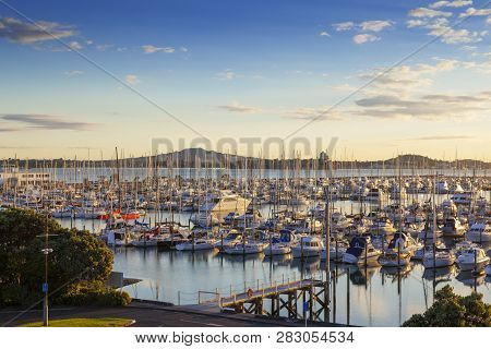Westhaven Marina, Auckland, And The Volcano Rangitoto, At Sunrise