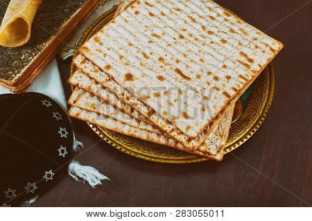 Kippa A Small Hat Jewish Pesah Celebration Concept Jewish Holiday Passover Matzot Shofar And Tallit