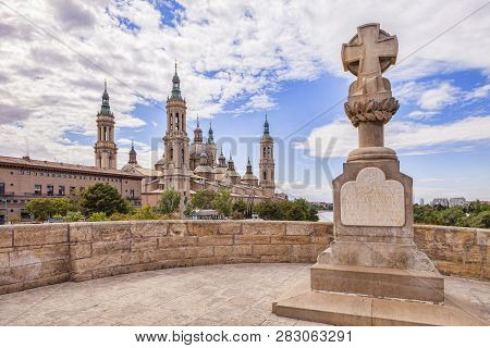 29 April 2015: Zaragoza, Aragon, Spain - Basilica Of Our Lady Of The Pillar, From The Puenta De Pied