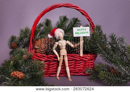 Christmas Winter Scene Large Red Backet Filled With Pine Cones And Greenery Wooden Jointed Manikin D