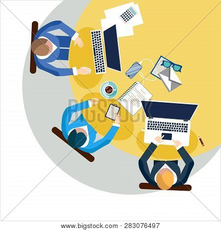 People Team Sitting And Working Together At The Round Table. Teamwork, Brainstorming, Startup. Flat 