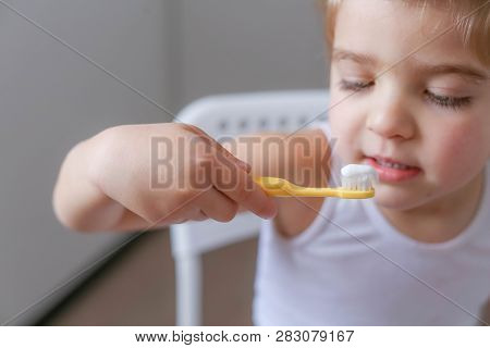Boy Cleans His Teeth In The Morning And Plays With A Toothbrush.