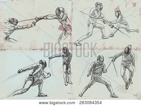 Competitive Fencing. Vector Collection, Pack. Two Sportmen, Athletes In A Match. An Hand Drawn Illus