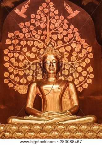 Beautiful Golden Buddah Statue Sits Majestically Inside The Temple.