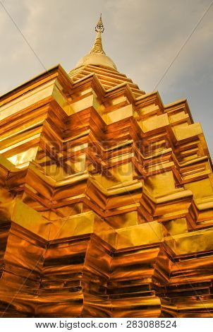Beautiful Golden Buddah Statue Sits Majestically Inside The Temple.