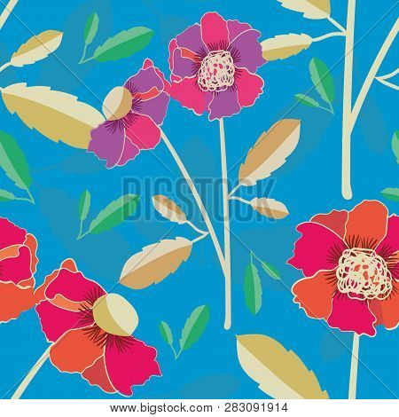 Vibrant Hand Drawn Poppies Vector Seamless Pattern On Subtly Textured Bright Blue Background. Colour