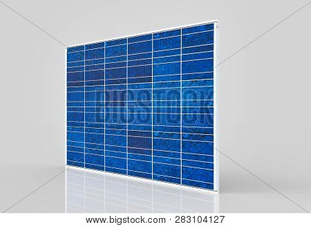 3d Rendering. Perspective View Of  A Slim Blue Solar Cell Panel Plate Wall With Clipping Path On Gra