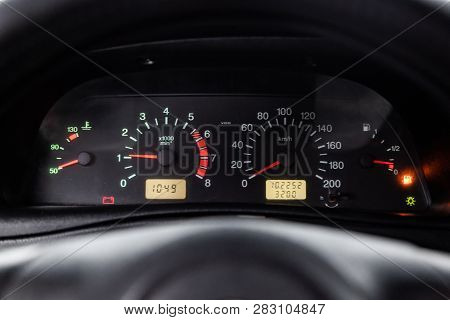 Novosibirsk, Russia - February 08, 2019: Chevrolet Niva, Close-up Of The Dashboard, Speedometer And 