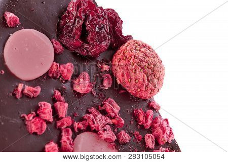 Strawberry Chocolate, Macro Photo With Piece Of Strawberries And Raspberries. Strawberries And Raspb
