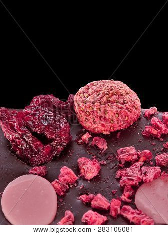 Strawberry Chocolate, Macro Photo With Piece Of Strawberries And Raspberries. Strawberries And Raspb