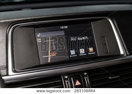 Novosibirsk, Russia - February 08, 2019: Kia Optima, Close-up Of The Dashboard, Monitor, Parking Sys