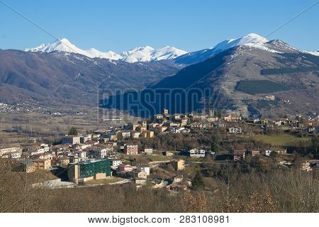 View Of Montereale Mountain Village Located In The Gran Sasso E Monti Della Laga National Park, Abru