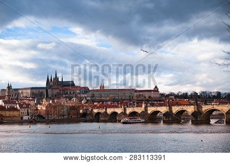 View On The Roofs In Stare Misto. Prague. Sunset