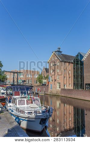 Coevorden, Netherlands - June 28, 2018: Motorboat In The Central Canal Of Coevorden, Holland