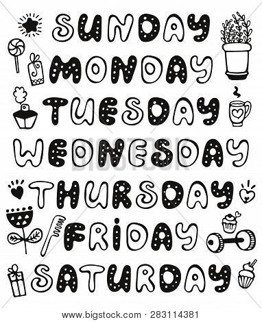 Hand Drawn Vector Weekdays And Elements For Notebook, Diary, Calendar, Schedule, Sticker, Bullet Jou