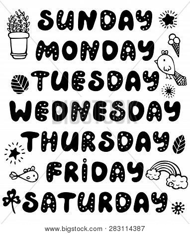 Hand Drawn Vector Weekdays And Elements For Notebook, Diary, Calendar, Schedule, Sticker, Bullet Jou