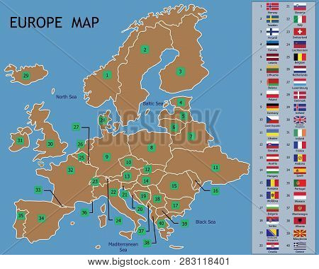 Europe Map And European Countries Flags With Names