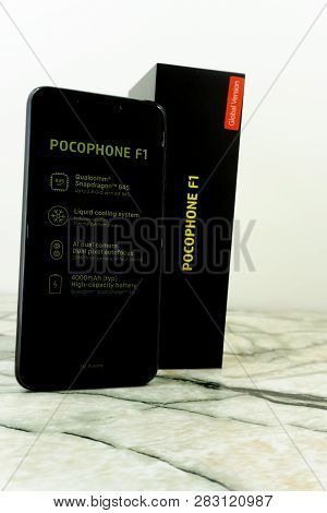 The Back Of Xiaomi Pocophone F1 Android Smartphone.russia Berezniki November 17, 2018 .