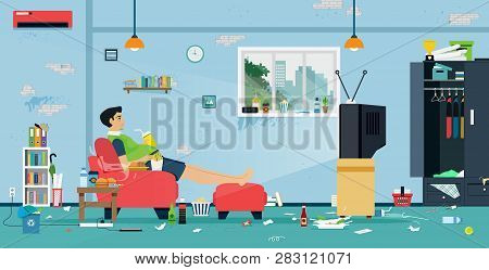 Fat Men Are Watching Tv In A Room Full Of Food And Dirt.