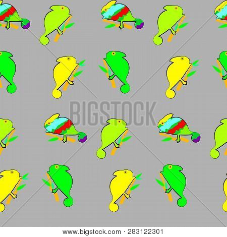 Seamless Pattern. Flat Background. Abstracy Image. Chameleon On Branch.chameleon Colorful. Design Il