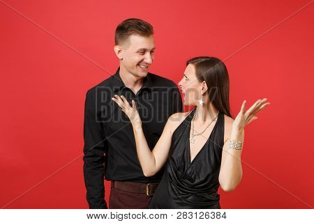 Fun Expression Young Couple In Black Clothes Shirt Dress Celebrating Birthday Holiday Party Isolated