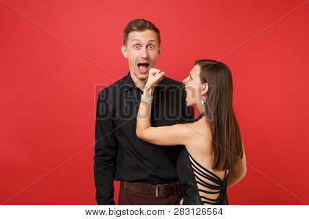 Fun Expression Young Couple In Black Clothes Shirt Dress Celebrating Birthday Holiday Party Isolated