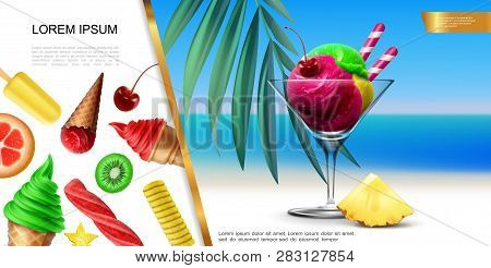 Realistic Ice Cream Concept With Colorful Scoops In Glass On Sea Landscape And Fruit Icecream With C