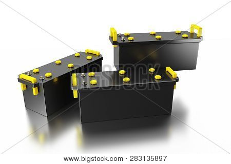 3d Rendering. 24v Battery For Truck On White Background. Commercial Vehicle Accumulator. Black Truck