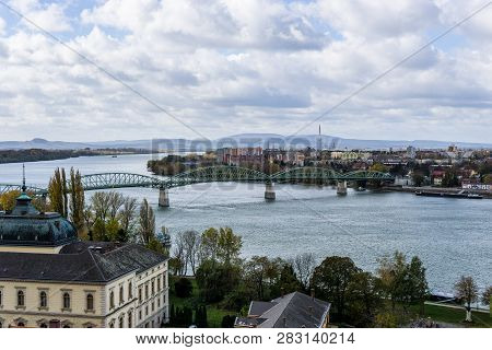 Aerial View Of The Hungarian City Esztergom, Slovakian City Sturovo And Danube River Including Spire